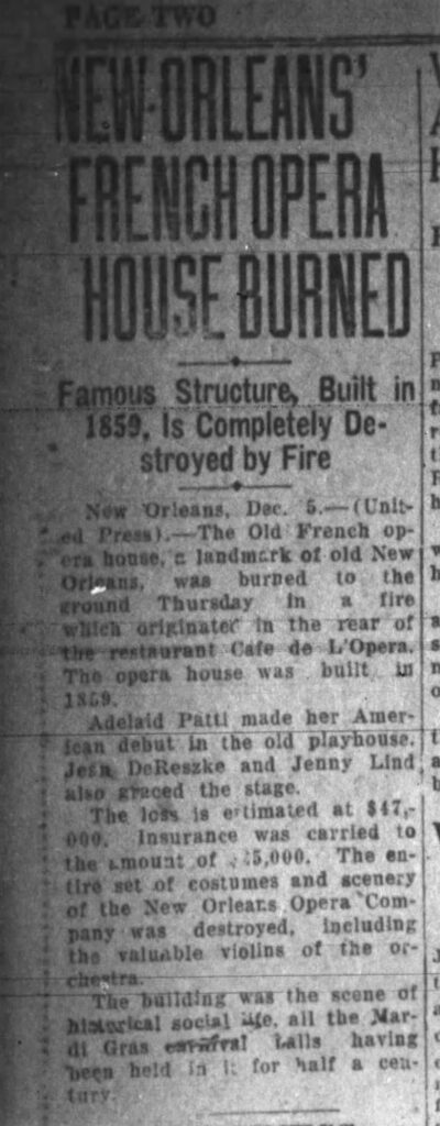 New Orleans French Opera House Burned Article